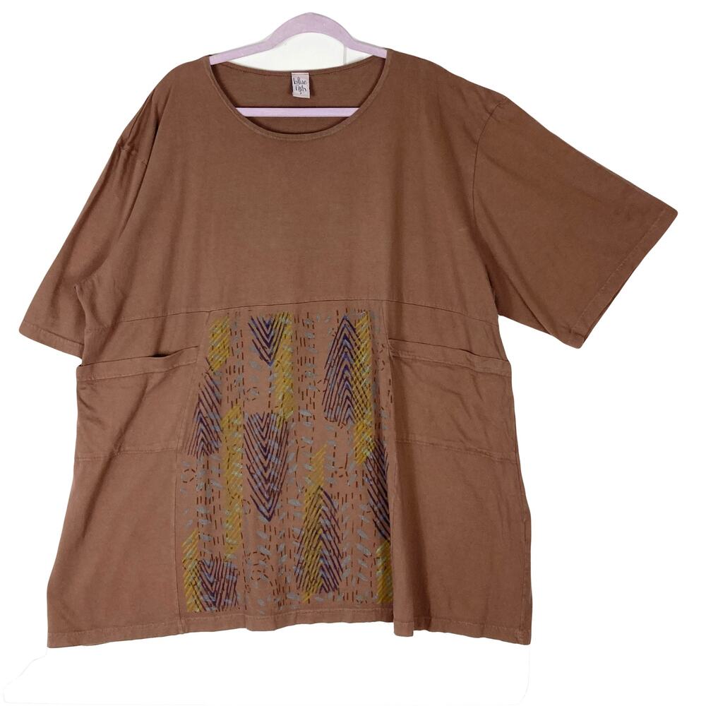 nwot BLUE FISH Top Tunic Dress 3~L~XL Brown Graphic-Art Organic-Cotton HandPrint